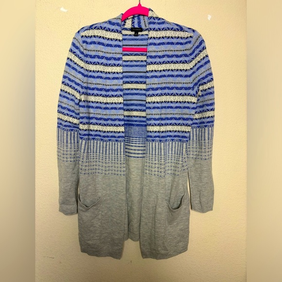 Talbots Lambswool Blend Blue & Gray Fair Isle Open Front Long Cardigan - Picture 1 of 6